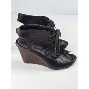 Fossil Women Black Leather Slingback Platform Wedges Open Toe Sandal‎ Shoes 9.5